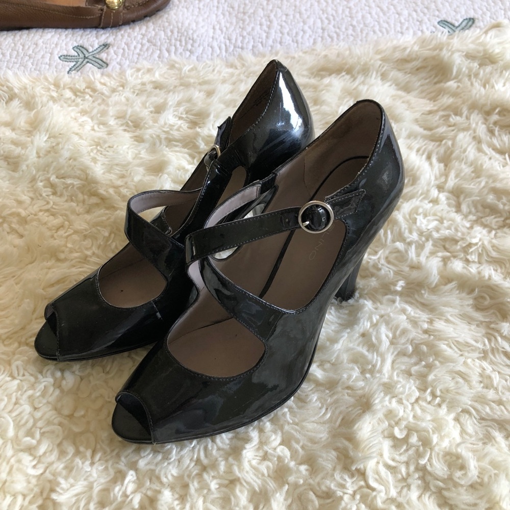 Patent peep toe heels with straps